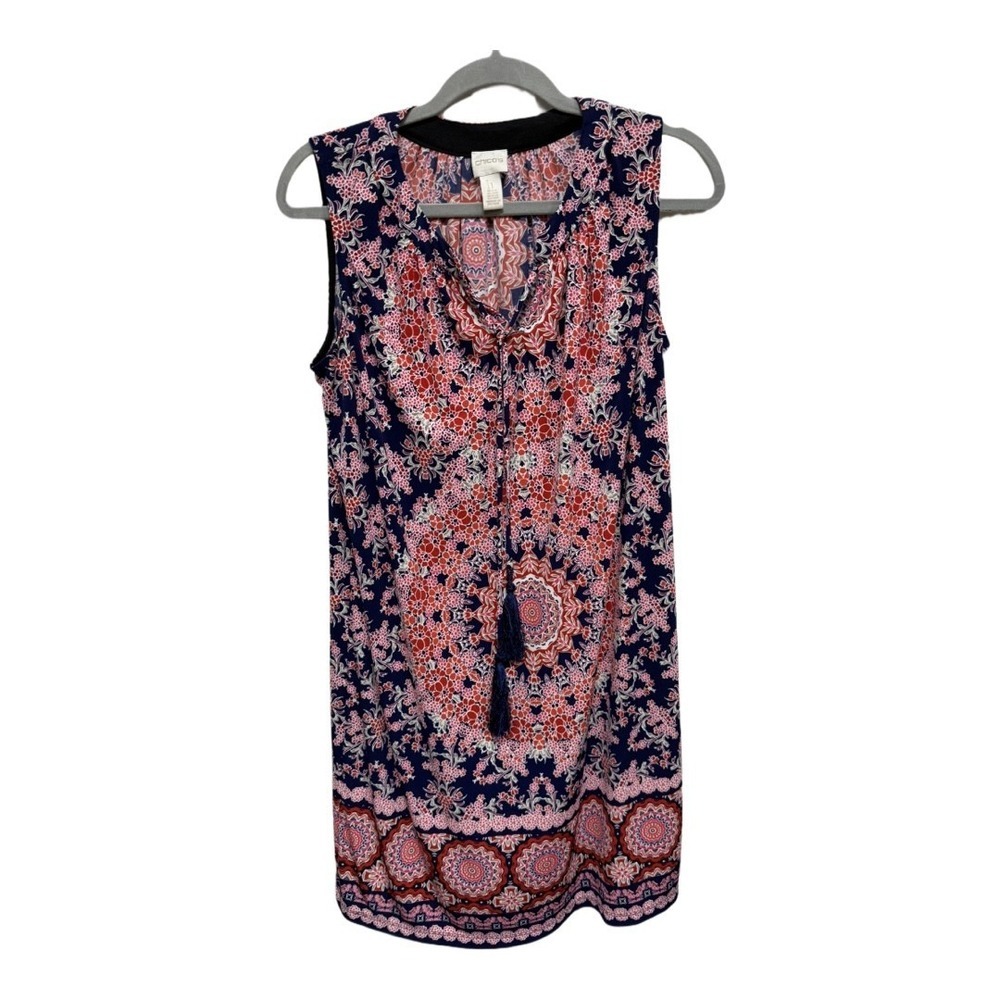 Chico's Sleeveless Paisley Medallion Tassel Dress Size 1 M Navy Coral Boho Shift